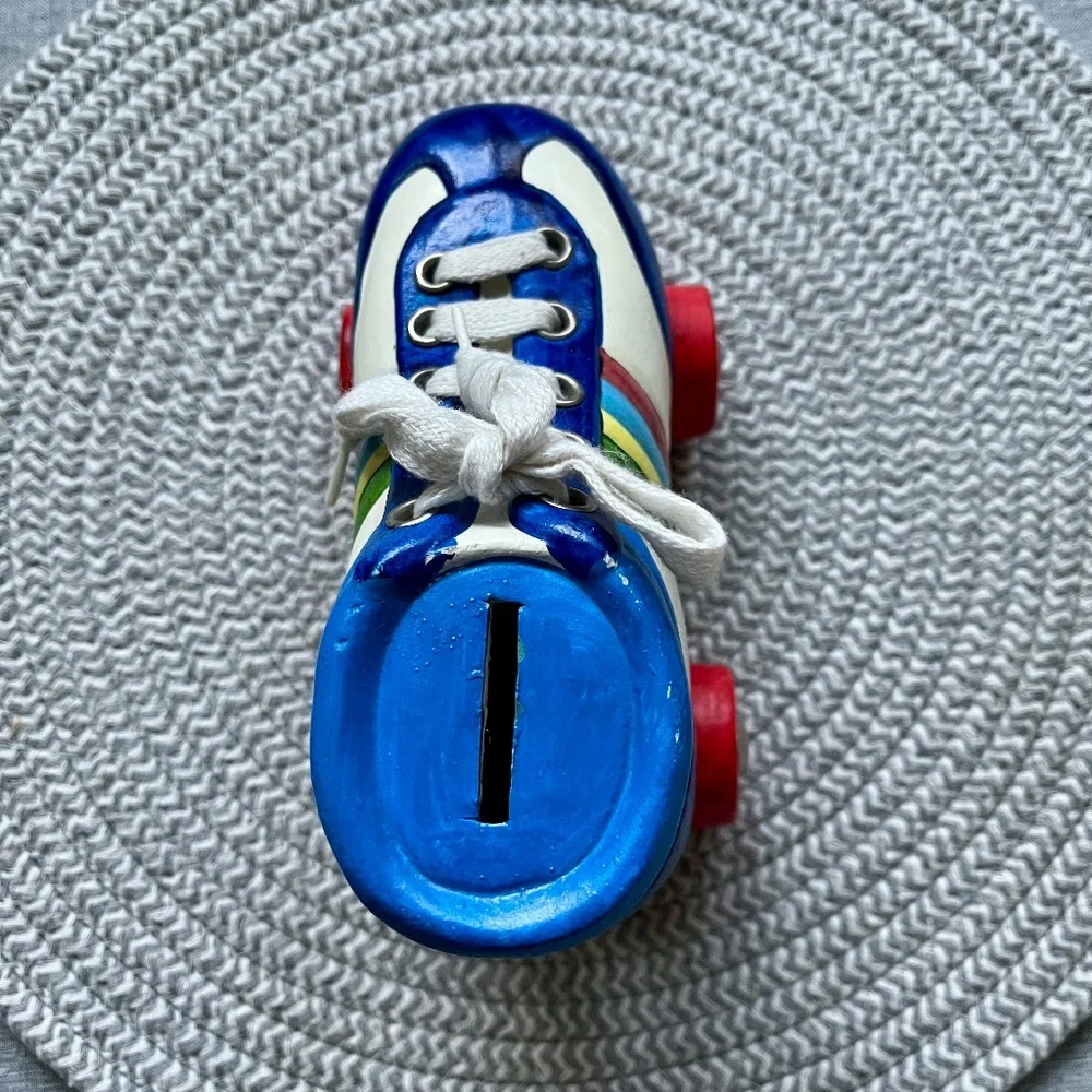 Vintage 1980s Ceramic Roller Skate Bank with Rainbow Stripes and Real Shoelace - Picture 5 of 8